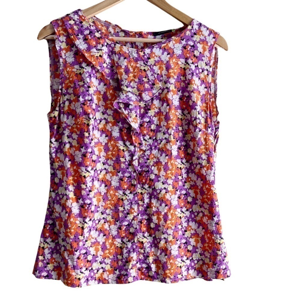 Anthropologie Leifsdottir Silk Ruffle Sleeveless Blouse Orange/Purple Florals, 8